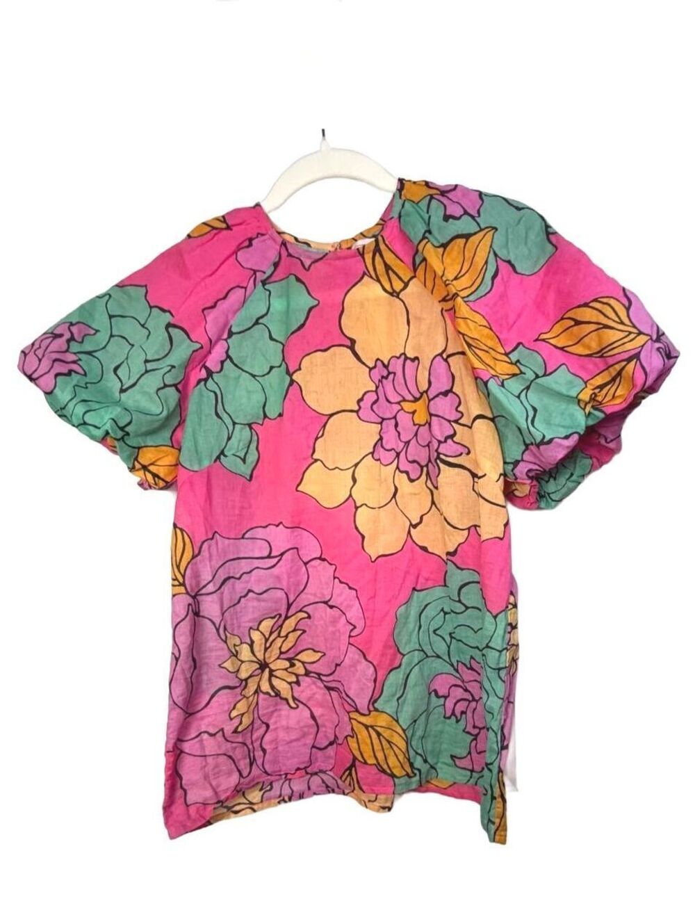 Banjanan Pink Floral Puff Sleeve Cotton Blouse Top XS